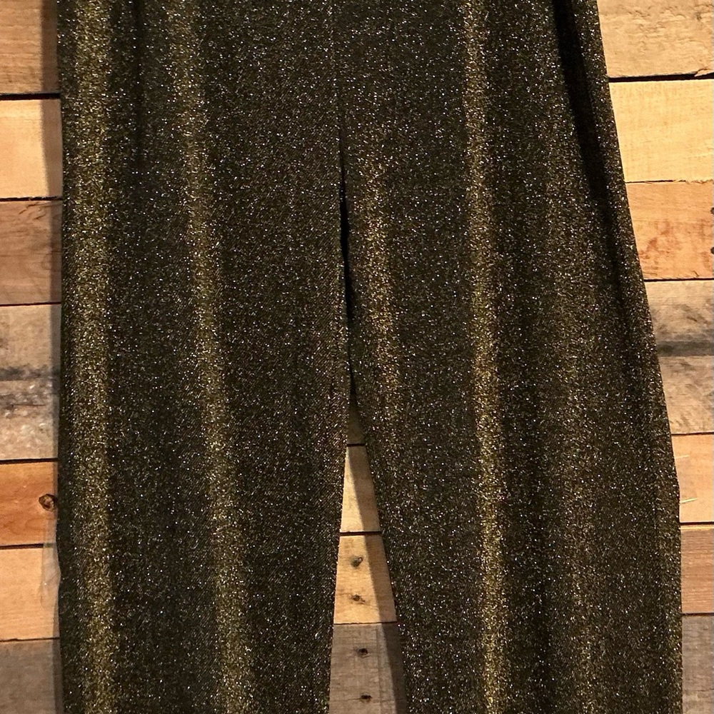 Halston Womens XL Pants Metallic Pull On Wide-Leg Gold Black Knit Night Out Club